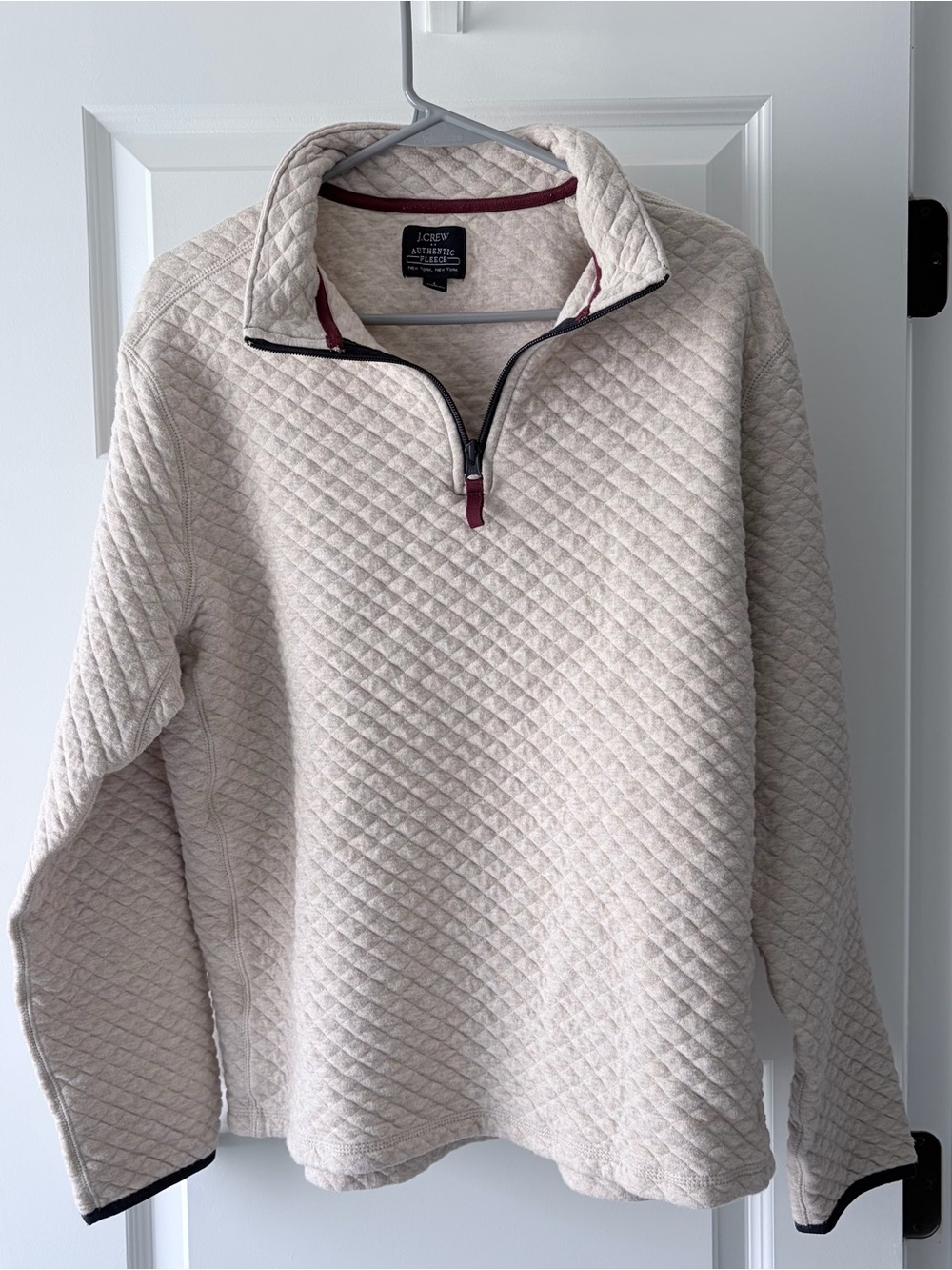 J. Crew Factory Men’s Cream Quilted Half-Zip Pullover with Maroon Trim